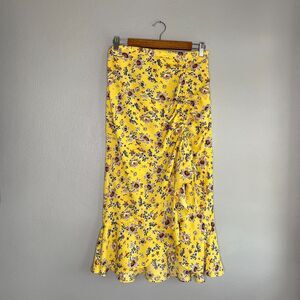 Max Studio Women's M Cinch Front Midi Skirt Yellow Floral Ruffle Chiffon Ruched